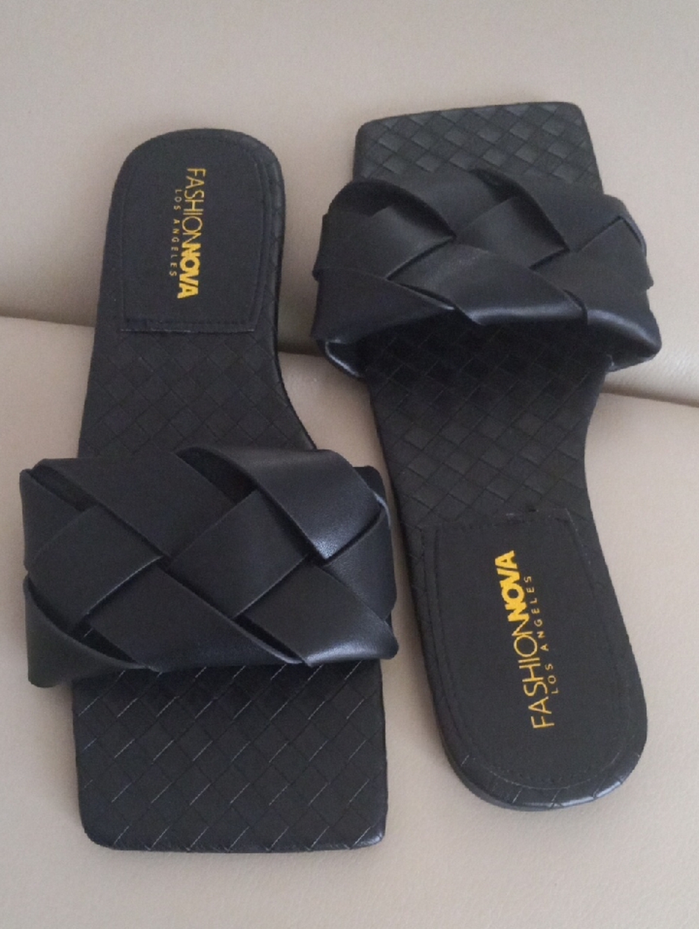 Fashion Nova Black Braided Square-Toe Slide Sandals